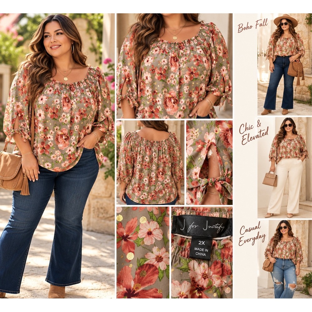 J for Justify Floral Smocked Neck Blouse Gold Foil Accents Sage Pink 2X